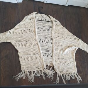 Umgee Cream Open-Knit Fringe Sweater Large
